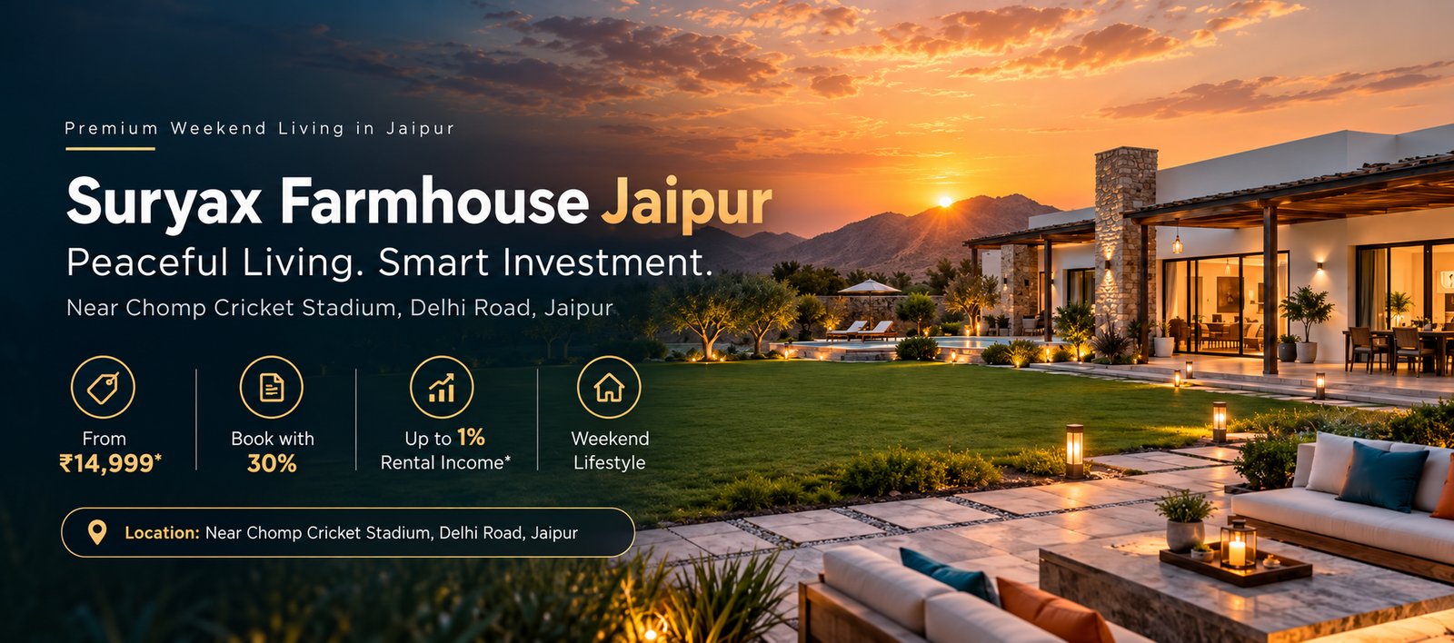 Suryax Farmhouse Jaipur at Sunset