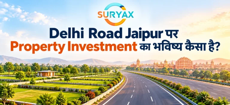 Delhi Road Jaipur प्रॉपर्टी निवेश विषय पर Suryax लोगो, पूरा शीर्षक और सड़क के पास फार्महाउस प्लॉट का सांकेतिक दृश्य।