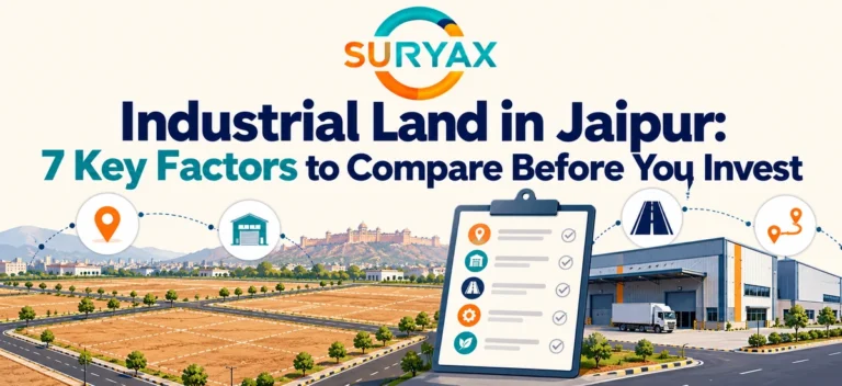 Suryax logo and complete article title above an illustrative industrial land layout, warehouse and comparison checklist.