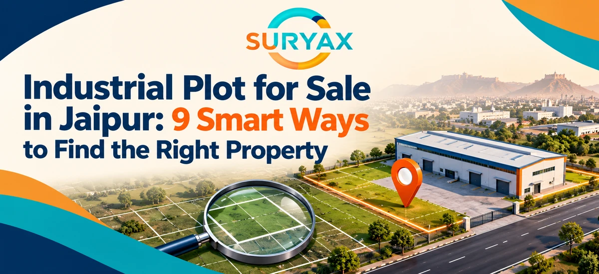 Suryax logo and complete article title with an illustrative warehouse plot, location marker and magnifying glass.