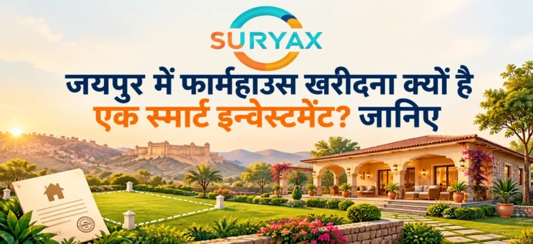 जयपुर में फार्महाउस खरीदना विषय पर Suryax लोगो, पूर्ण हिंदी शीर्षक और बगीचे वाले फार्महाउस का सांकेतिक चित्र।