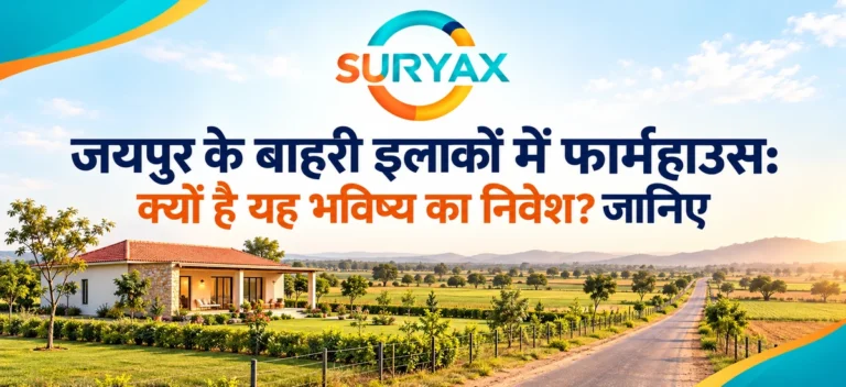 जयपुर के बाहरी इलाकों में फार्महाउस विषय पर Suryax लोगो, हिंदी शीर्षक, खुले खेत, फार्महाउस और पहुंच मार्ग का सांकेतिक दृश्य।