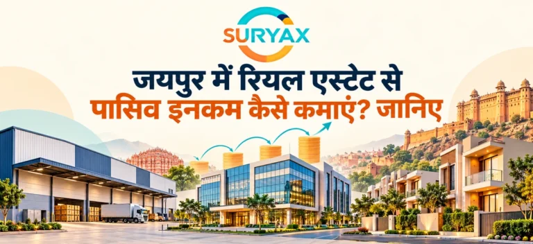 जयपुर में रियल एस्टेट से पैसिव इनकम विषय पर Suryax लोगो, हिंदी शीर्षक और वेयरहाउस, कार्यालय व आवासीय भवनों का सांकेतिक चित्र।