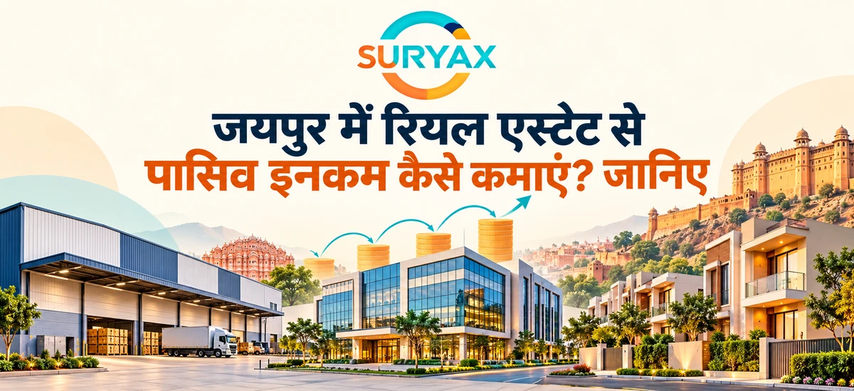 जयपुर में रियल एस्टेट से पैसिव इनकम विषय पर Suryax लोगो, हिंदी शीर्षक और वेयरहाउस, कार्यालय व आवासीय भवनों का सांकेतिक चित्र।